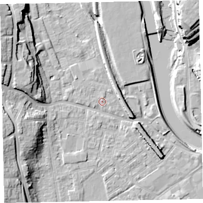 Shaded relief map of the ground around EX41EJ, computed from Environment Agency LiDAR. The ground here sits at about 9 m above sea level and falls 26 m across the surrounding 800 m. Surface water reaching this point runs off ground lying to the west-north-west, 1.1 m higher.