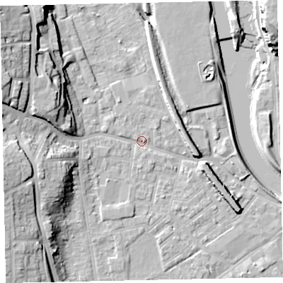 Shaded relief map of the ground around EX41EL, computed from Environment Agency LiDAR. The ground here sits at about 9 m above sea level and falls 25 m across the surrounding 800 m. Surface water reaching this point runs off ground lying to the west-north-west, 18.2 m higher.