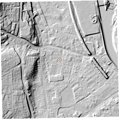 Shaded relief map of the ground around EX41EN, computed from Environment Agency LiDAR. The ground here sits at about 9 m above sea level and falls 28 m across the surrounding 800 m. Surface water reaching this point runs off ground lying to the west, 2.8 m higher.