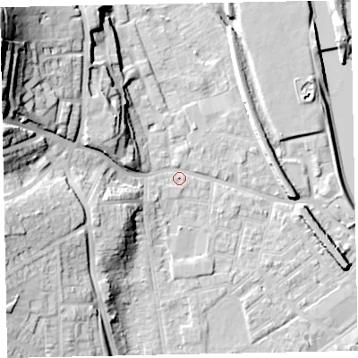 Shaded relief map of the ground around EX41EP, computed from Environment Agency LiDAR. The ground here sits at about 9 m above sea level and falls 44 m across the surrounding 800 m. Surface water reaching this point runs off ground lying to the west-north-west, 32.3 m higher.