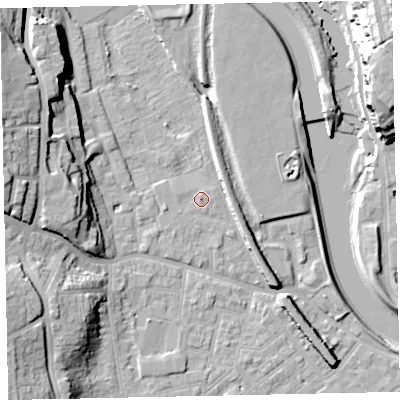 Shaded relief map of the ground around EX41EQ, computed from Environment Agency LiDAR. The ground here sits at about 10 m above sea level and falls 29 m across the surrounding 800 m. Surface water reaching this point runs off ground lying to the west-north-west, 18.7 m higher.