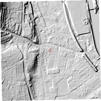 Shaded relief map of the ground around EX41EW, computed from Environment Agency LiDAR. The ground here sits at about 9 m above sea level and falls 40 m across the surrounding 800 m. Surface water reaching this point runs off ground lying to the west-south-west, 1.9 m higher.