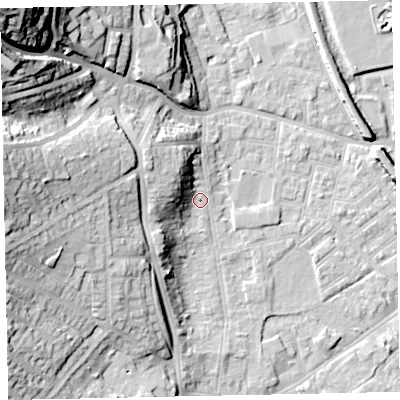 Shaded relief map of the ground around EX41EZ, computed from Environment Agency LiDAR. The ground here sits at about 10 m above sea level and falls 47 m across the surrounding 800 m. Surface water reaching this point runs off ground lying to the north-west, 11.0 m higher.