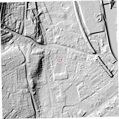 Shaded relief map of the ground around EX41FA, computed from Environment Agency LiDAR. The ground here sits at about 9 m above sea level and falls 35 m across the surrounding 800 m. Surface water reaching this point runs off ground lying to the west-north-west, 2.6 m higher.