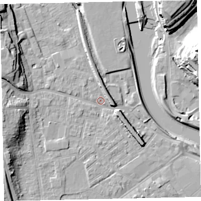 Shaded relief map of the ground around EX41FB, computed from Environment Agency LiDAR. The ground here sits at about 8 m above sea level and falls 26 m across the surrounding 800 m. Surface water reaching this point runs off ground lying to the west-north-west, 13.6 m higher.