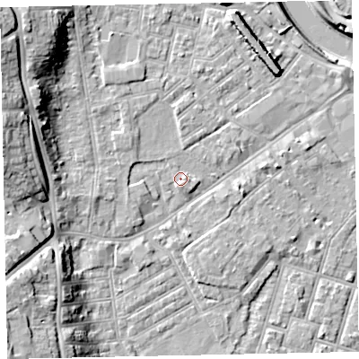 Shaded relief map of the ground around EX41FL, computed from Environment Agency LiDAR. The ground here sits at about 9 m above sea level and falls 17 m across the surrounding 800 m. Surface water reaching this point runs off ground lying to the north-west, 14.6 m higher.