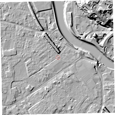 Shaded relief map of the ground around EX41GA, computed from Environment Agency LiDAR. The ground here sits at about 9 m above sea level and falls 30 m across the surrounding 800 m. Surface water reaching this point runs off ground lying to the west-south-west, 1.9 m higher.
