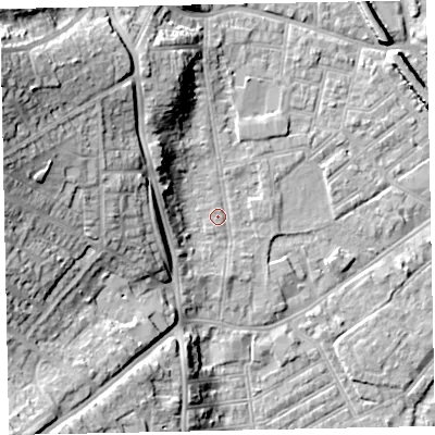 Shaded relief map of the ground around EX41HA, computed from Environment Agency LiDAR. The ground here sits at about 10 m above sea level and falls 26 m across the surrounding 800 m. Surface water reaching this point runs off ground lying to the west-north-west, 23.5 m higher.