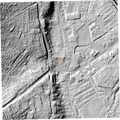 Shaded relief map of the ground around EX41HB, computed from Environment Agency LiDAR. The ground here sits at about 10 m above sea level and falls 27 m across the surrounding 800 m. Surface water reaching this point runs off ground lying to the west-north-west, 20.5 m higher.