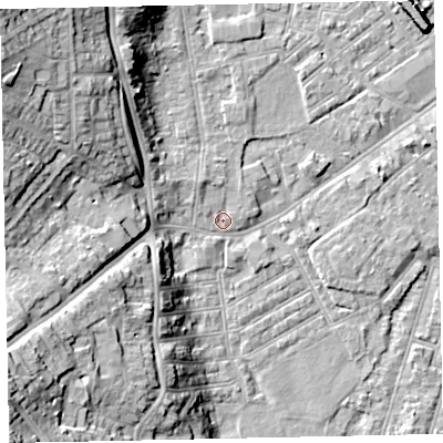 Shaded relief map of the ground around EX41HD, computed from Environment Agency LiDAR. The ground here sits at about 9 m above sea level and falls 24 m across the surrounding 800 m. Surface water reaching this point runs off ground lying to the north-west, 18.6 m higher.