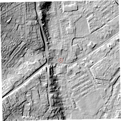 Shaded relief map of the ground around EX41HE, computed from Environment Agency LiDAR. The ground here sits at about 9 m above sea level and falls 27 m across the surrounding 800 m. Surface water reaching this point runs off ground lying to the north-west, 20.4 m higher.