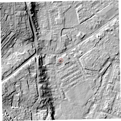 Shaded relief map of the ground around EX41HJ, computed from Environment Agency LiDAR. The ground here sits at about 9 m above sea level and falls 26 m across the surrounding 800 m. Surface water reaching this point runs off ground lying to the west-north-west, 1.2 m higher.