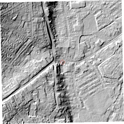 Shaded relief map of the ground around EX41HL, computed from Environment Agency LiDAR. The ground here sits at about 10 m above sea level and falls 32 m across the surrounding 800 m. Surface water reaching this point runs off ground lying to the south-west, 24.9 m higher.