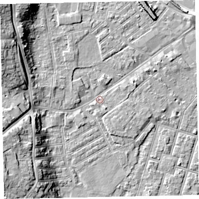 Shaded relief map of the ground around EX41HP, computed from Environment Agency LiDAR. The ground here sits at about 8 m above sea level and falls 17 m across the surrounding 800 m. Surface water reaching this point runs off ground lying to the north-west, 14.5 m higher.