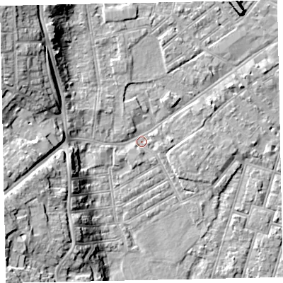 Shaded relief map of the ground around EX41HR, computed from Environment Agency LiDAR. The ground here sits at about 8 m above sea level and falls 19 m across the surrounding 800 m. Surface water reaching this point runs off ground lying to the north-west, 15.8 m higher.