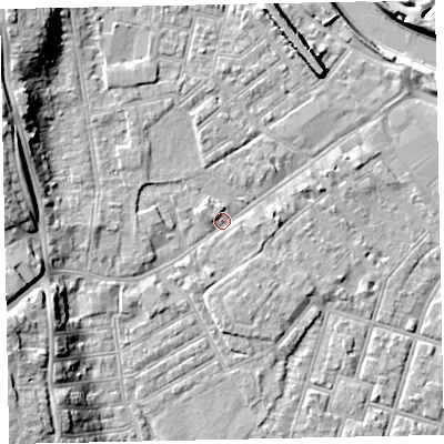 Shaded relief map of the ground around EX41HS, computed from Environment Agency LiDAR. The ground here sits at about 8 m above sea level and falls 15 m across the surrounding 800 m. Surface water reaching this point runs off ground lying to the north-north-west, 2.4 m higher.