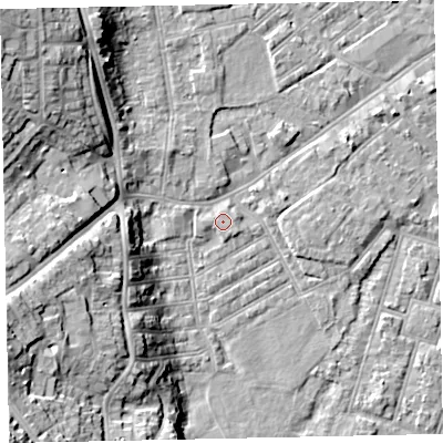 Shaded relief map of the ground around EX41HW, computed from Environment Agency LiDAR. The ground here sits at about 9 m above sea level and falls 24 m across the surrounding 800 m. Surface water reaching this point runs off ground lying to the west, 1.2 m higher.