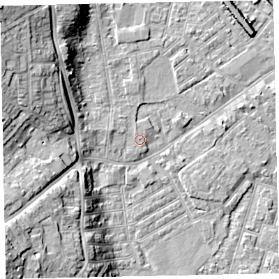 Shaded relief map of the ground around EX41HX, computed from Environment Agency LiDAR. The ground here sits at about 9 m above sea level and falls 21 m across the surrounding 800 m. Surface water reaching this point runs off ground lying to the north-west, 1.0 m higher.