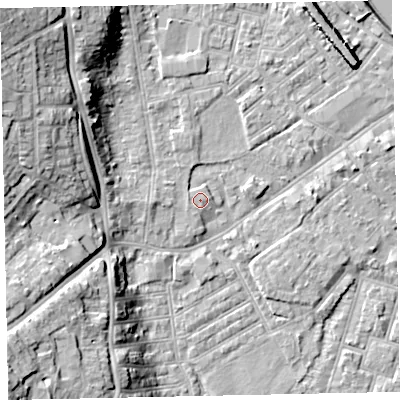 Shaded relief map of the ground around EX41HY, computed from Environment Agency LiDAR. The ground here sits at about 9 m above sea level and falls 21 m across the surrounding 800 m. Surface water reaching this point runs off ground lying to the west, 1.0 m higher.