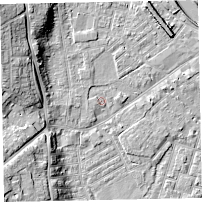 Shaded relief map of the ground around EX41HZ, computed from Environment Agency LiDAR. The ground here sits at about 9 m above sea level and falls 20 m across the surrounding 800 m. Surface water reaching this point runs off ground lying to the north-west, 17.4 m higher.