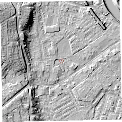 Shaded relief map of the ground around EX41JA, computed from Environment Agency LiDAR. The ground here sits at about 8 m above sea level and falls 20 m across the surrounding 800 m. Surface water reaching this point runs off ground lying to the north-west, 17.4 m higher.