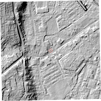 Shaded relief map of the ground around EX41JD, computed from Environment Agency LiDAR. The ground here sits at about 8 m above sea level and falls 18 m across the surrounding 800 m. Surface water reaching this point runs off ground lying to the west-north-west, 15.5 m higher.