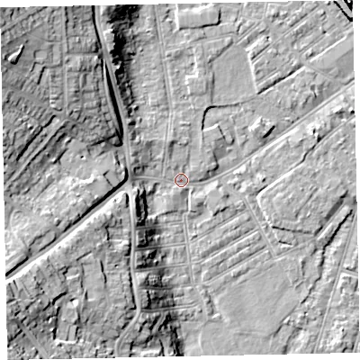Shaded relief map of the ground around EX41JE, computed from Environment Agency LiDAR. The ground here sits at about 9 m above sea level and falls 25 m across the surrounding 800 m. Surface water reaching this point runs off ground lying to the north-west, 19.0 m higher.
