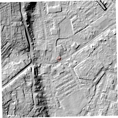 Shaded relief map of the ground around EX41JX, computed from Environment Agency LiDAR. The ground here sits at about 9 m above sea level and falls 19 m across the surrounding 800 m. Surface water reaching this point runs off ground lying to the north-west, 16.6 m higher.