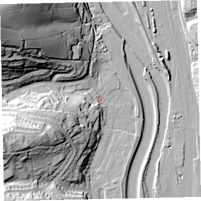 Shaded relief map of the ground around EX42AA, computed from Environment Agency LiDAR. The ground here sits at about 12 m above sea level and falls 81 m across the surrounding 800 m. Surface water reaching this point runs off ground lying to the north-west, 73.7 m higher.