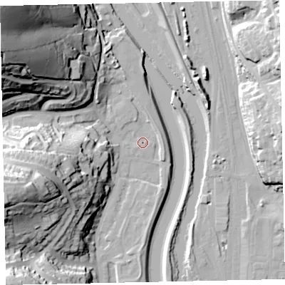 Shaded relief map of the ground around EX42AB, computed from Environment Agency LiDAR. The ground here sits at about 11 m above sea level and falls 69 m across the surrounding 800 m. Surface water reaching this point runs off ground lying to the west-south-west, 40.6 m higher.