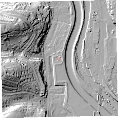 Shaded relief map of the ground around EX42AD, computed from Environment Agency LiDAR. The ground here sits at about 12 m above sea level and falls 46 m across the surrounding 800 m. Surface water reaching this point runs off ground lying to the north-north-east, 1.0 m higher.