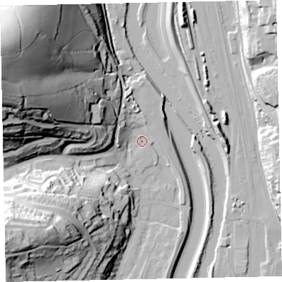 Shaded relief map of the ground around EX42AE, computed from Environment Agency LiDAR. The ground here sits at about 12 m above sea level and falls 78 m across the surrounding 800 m. Surface water reaching this point runs off ground lying to the west-north-west, 36.7 m higher.