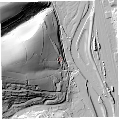 Shaded relief map of the ground around EX42AF, computed from Environment Agency LiDAR. The ground here sits at about 24 m above sea level and falls 86 m across the surrounding 800 m. Surface water reaching this point runs off ground lying to the west, 64.9 m higher.
