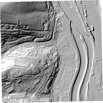 Shaded relief map of the ground around EX42AH, computed from Environment Agency LiDAR. The ground here sits at about 16 m above sea level and falls 85 m across the surrounding 800 m. Surface water reaching this point runs off ground lying to the south-west, 26.9 m higher.