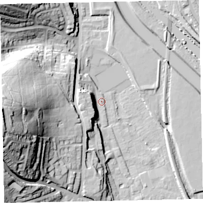 Shaded relief map of the ground around EX42AN, computed from Environment Agency LiDAR. The ground here sits at about 10 m above sea level and falls 61 m across the surrounding 800 m. Surface water reaching this point runs off ground lying to the west-north-west, 12.9 m higher.