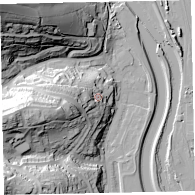 Shaded relief map of the ground around EX42AQ, computed from Environment Agency LiDAR. The ground here sits at about 26 m above sea level and falls 81 m across the surrounding 800 m. Surface water reaching this point runs off ground lying to the west, 19.8 m higher.