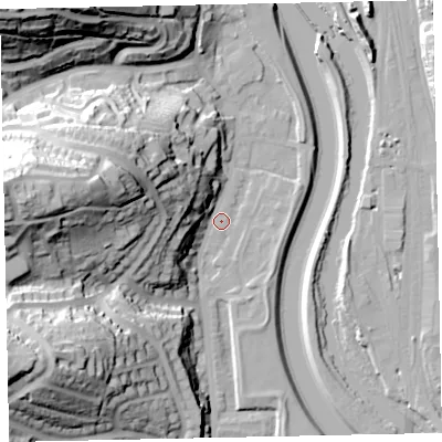 Shaded relief map of the ground around EX42AS, computed from Environment Agency LiDAR. The ground here sits at about 11 m above sea level and falls 50 m across the surrounding 800 m. Surface water reaching this point runs off ground lying to the west-north-west, 40.5 m higher.