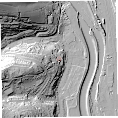 Shaded relief map of the ground around EX42AT, computed from Environment Agency LiDAR. The ground here sits at about 20 m above sea level and falls 81 m across the surrounding 800 m. Surface water reaching this point runs off ground lying to the west, 25.1 m higher.