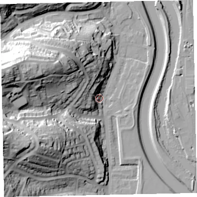 Shaded relief map of the ground around EX42AU, computed from Environment Agency LiDAR. The ground here sits at about 14 m above sea level and falls 51 m across the surrounding 800 m. Surface water reaching this point runs off ground lying to the west-north-west, 40.5 m higher.