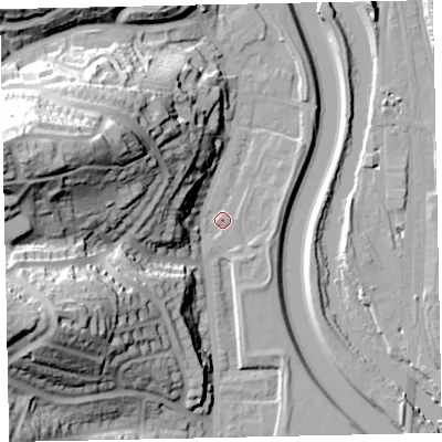Shaded relief map of the ground around EX42AX, computed from Environment Agency LiDAR. The ground here sits at about 12 m above sea level and falls 49 m across the surrounding 800 m. Surface water reaching this point runs off ground lying to the west-north-west, 40.8 m higher.