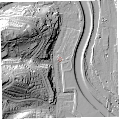 Shaded relief map of the ground around EX42AZ, computed from Environment Agency LiDAR. The ground here sits at about 11 m above sea level and falls 49 m across the surrounding 800 m. Surface water reaching this point runs off ground lying to the west-north-west, 47.1 m higher.