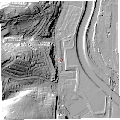 Shaded relief map of the ground around EX42BA, computed from Environment Agency LiDAR. The ground here sits at about 11 m above sea level and falls 57 m across the surrounding 800 m. Surface water reaching this point runs off ground lying to the south-west, 55.5 m higher.
