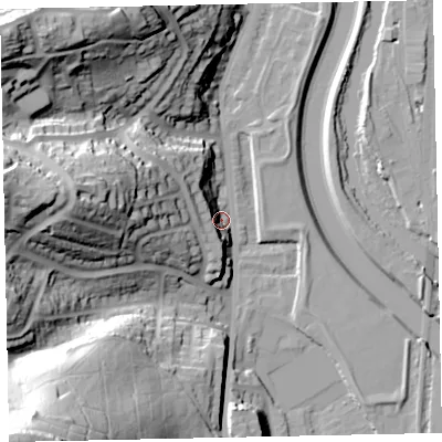 Shaded relief map of the ground around EX42BB, computed from Environment Agency LiDAR. The ground here sits at about 13 m above sea level and falls 65 m across the surrounding 800 m. Surface water reaching this point runs off ground lying to the south-west, 61.0 m higher.
