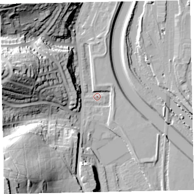 Shaded relief map of the ground around EX42BD, computed from Environment Agency LiDAR. The ground here sits at about 11 m above sea level and falls 62 m across the surrounding 800 m. Surface water reaching this point runs off ground lying to the south-west, 59.4 m higher.