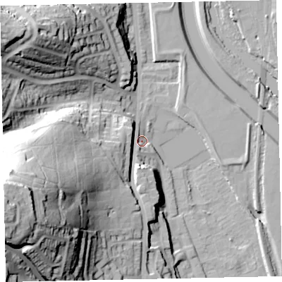 Shaded relief map of the ground around EX42BJ, computed from Environment Agency LiDAR. The ground here sits at about 12 m above sea level and falls 68 m across the surrounding 800 m. Surface water reaching this point runs off ground lying to the west-south-west, 64.8 m higher.