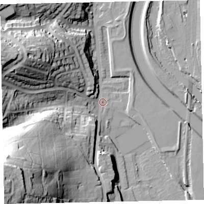Shaded relief map of the ground around EX42BQ, computed from Environment Agency LiDAR. The ground here sits at about 12 m above sea level and falls 67 m across the surrounding 800 m. Surface water reaching this point runs off ground lying to the south-west, 61.0 m higher.