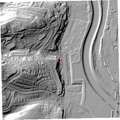 Shaded relief map of the ground around EX42DB, computed from Environment Agency LiDAR. The ground here sits at about 13 m above sea level and falls 51 m across the surrounding 800 m. Surface water reaching this point runs off ground lying to the west, 18.7 m higher.