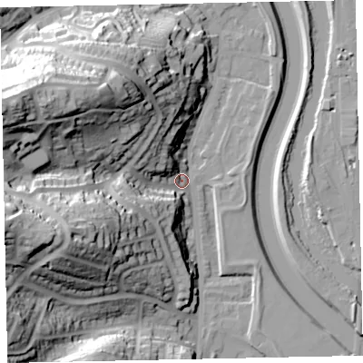 Shaded relief map of the ground around EX42DD, computed from Environment Agency LiDAR. The ground here sits at about 13 m above sea level and falls 51 m across the surrounding 800 m. Surface water reaching this point runs off ground lying to the west-north-west, 47.5 m higher.