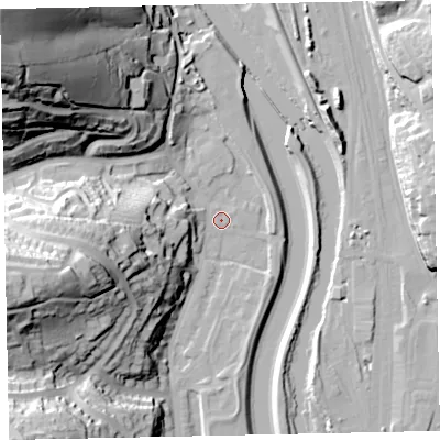 Shaded relief map of the ground around EX42FD, computed from Environment Agency LiDAR. The ground here sits at about 11 m above sea level and falls 74 m across the surrounding 800 m. Surface water reaching this point runs off ground lying to the west-south-west, 40.6 m higher.