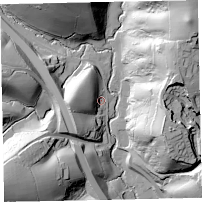 Shaded relief map of the ground around EX42HA, computed from Environment Agency LiDAR. The ground here sits at about 30 m above sea level and falls 74 m across the surrounding 800 m. Surface water reaching this point runs off ground lying to the west, 28.4 m higher.